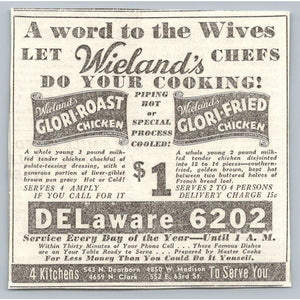 1933 Wieland's Restaurant Chicago Chicken Delivery Print Ad Ephemera Rates