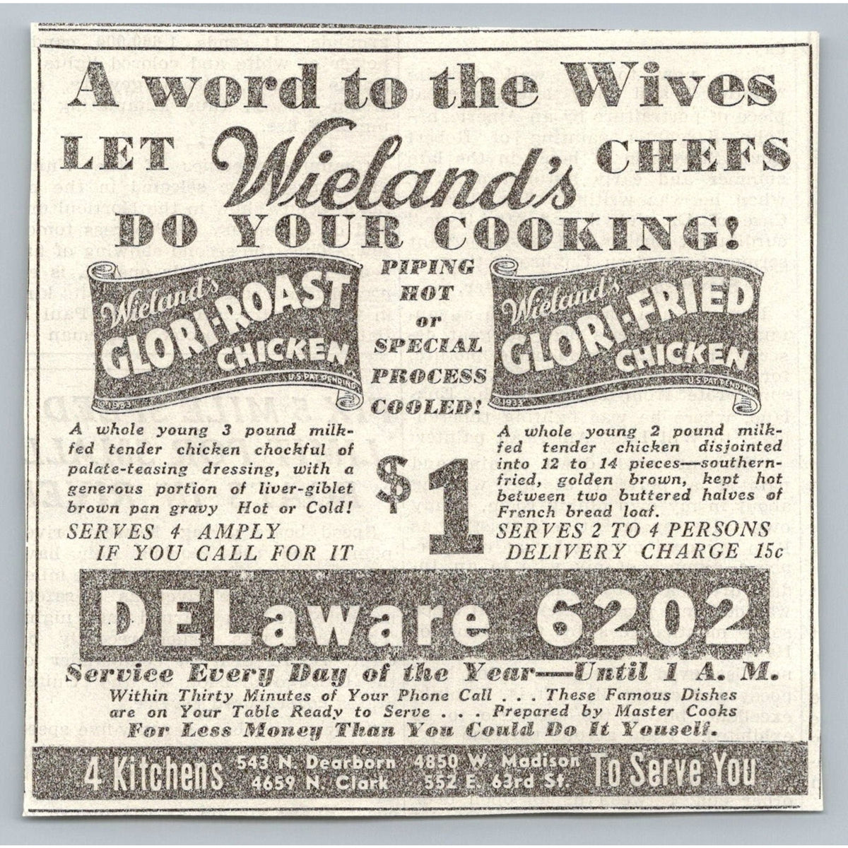 1933 Wieland's Restaurant Chicago Chicken Delivery Print Ad Ephemera Rates