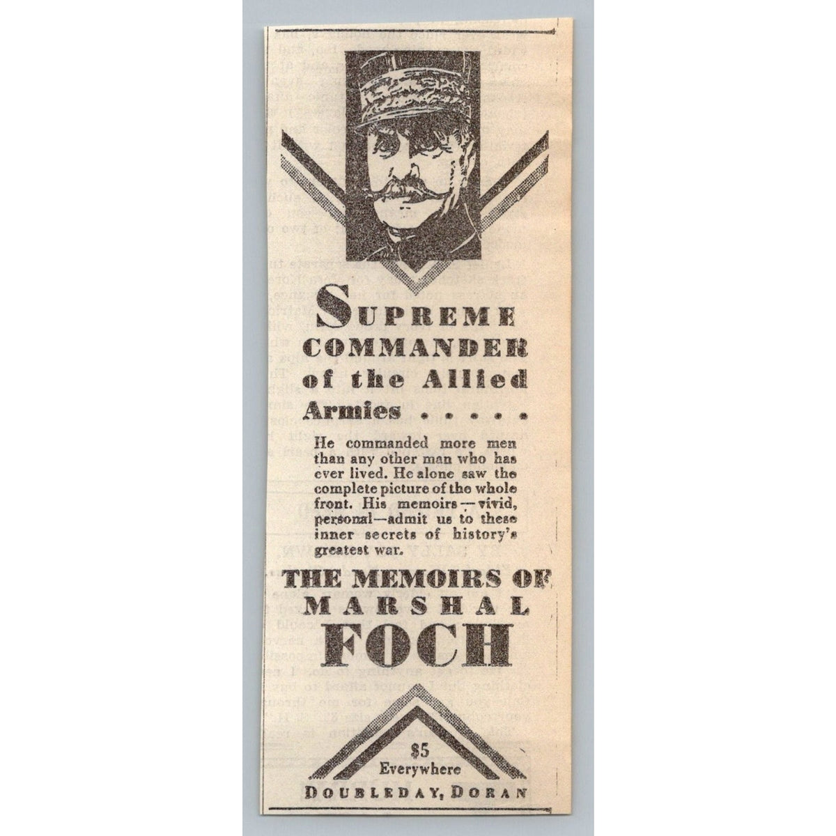 1931 Marshal Foch Memoirs Book Ad WWI Allied Commander Ephemera Doubleday