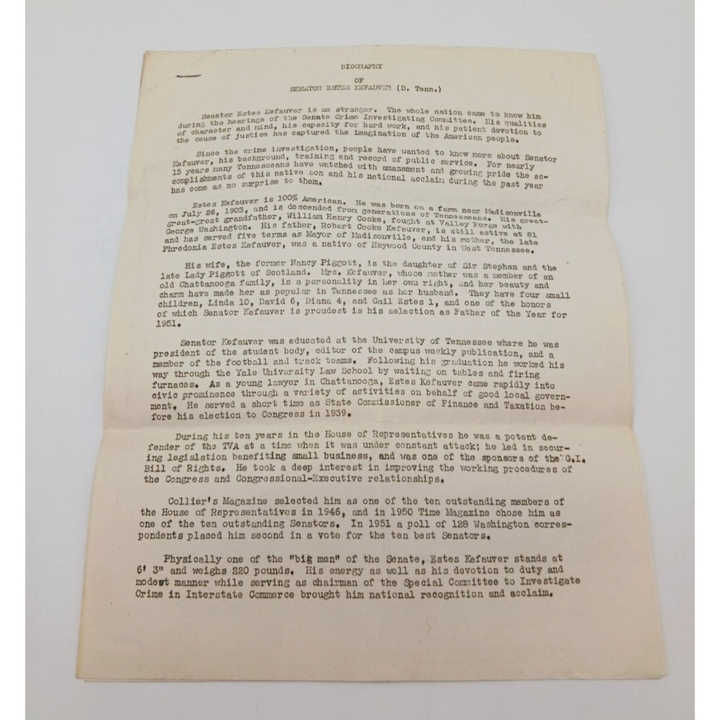 2 Page Biography of Senator Estes Kefauver Tennessee Democrat From Family Estate