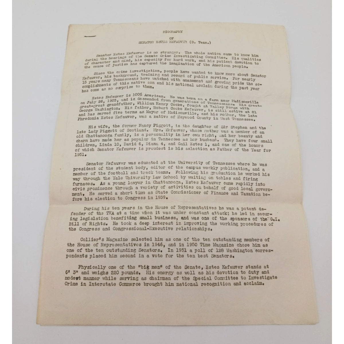 2 Page Biography of Senator Estes Kefauver Tennessee Democrat From Family Estate