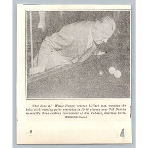 Willie Hoppe Billiard Star 1935 World Tournament Chicago Newspaper Clipping