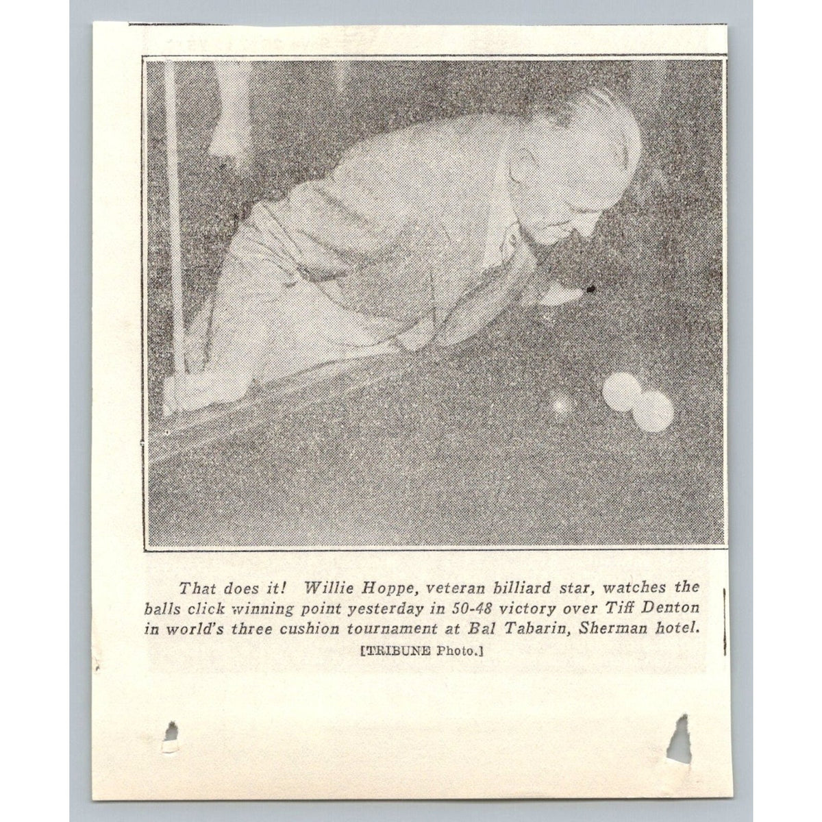 Willie Hoppe Billiard Star 1935 World Tournament Chicago Newspaper Clipping