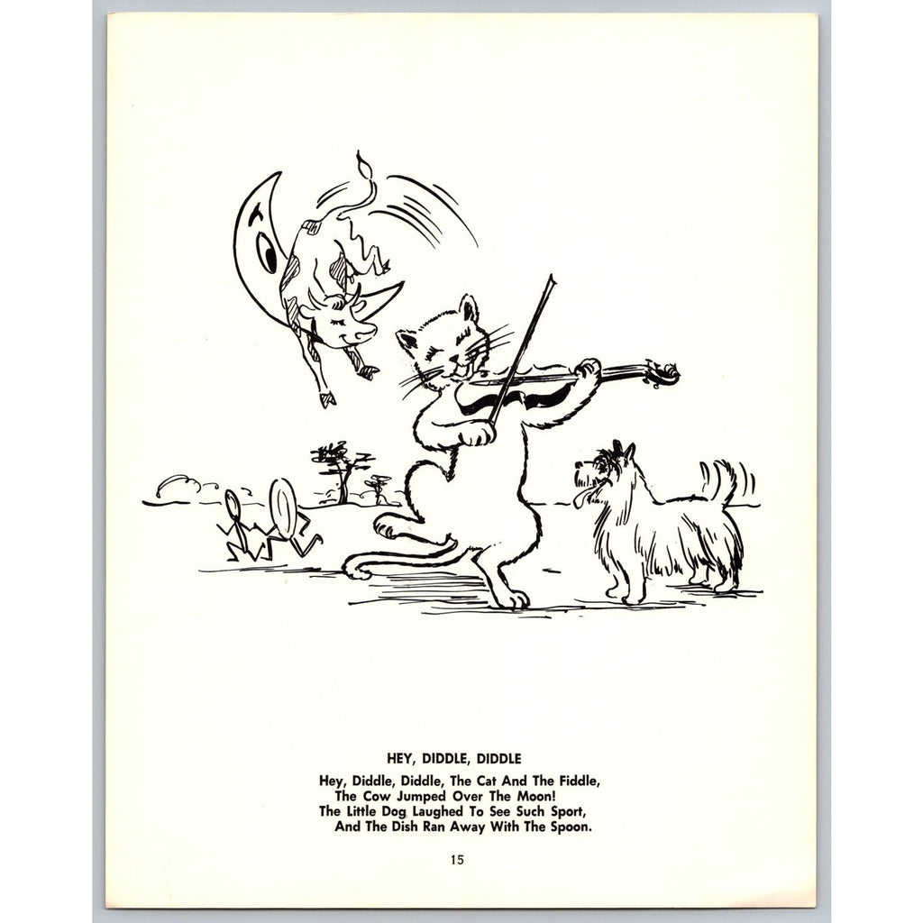 Vintage Hey Diddle Diddle Nursery Rhyme Art Print Black & White Unframed
