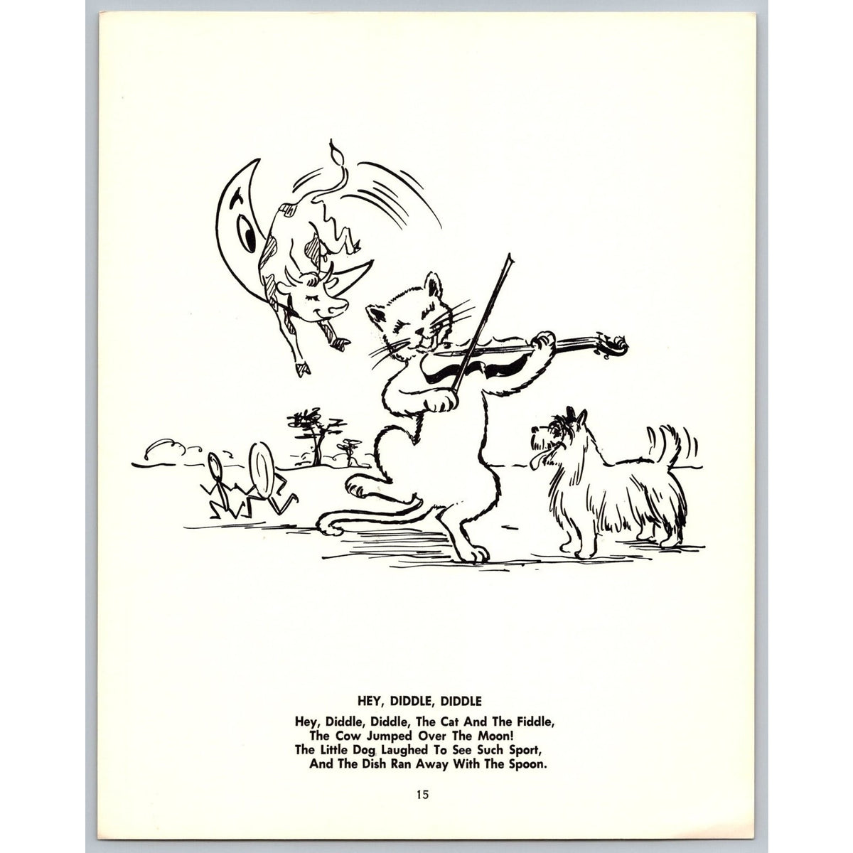 Vintage Hey Diddle Diddle Nursery Rhyme Art Print Black & White Unframed