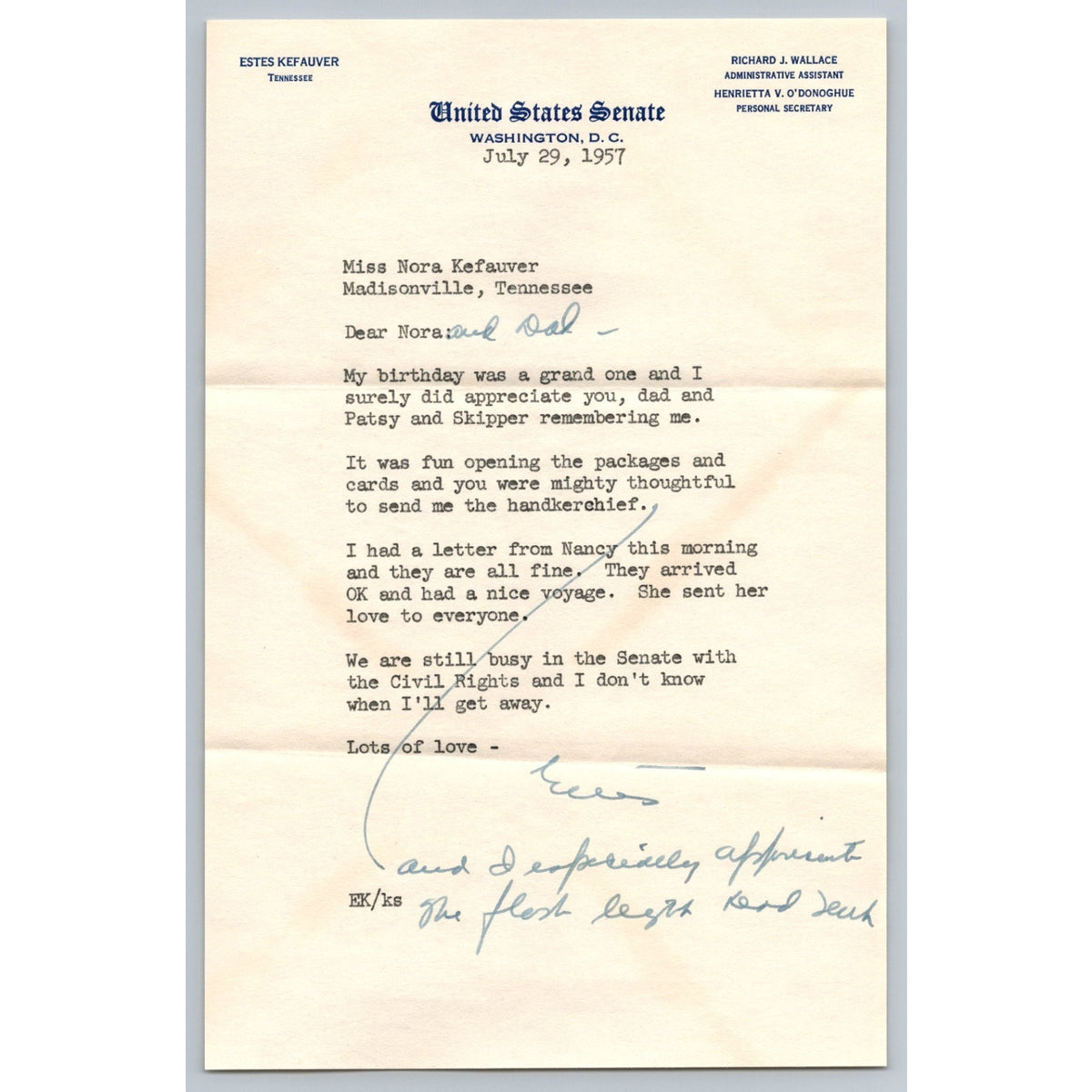 1957 Signed Estes Kefauver Senate Letterhead Personal Letter Typed & Handwritten