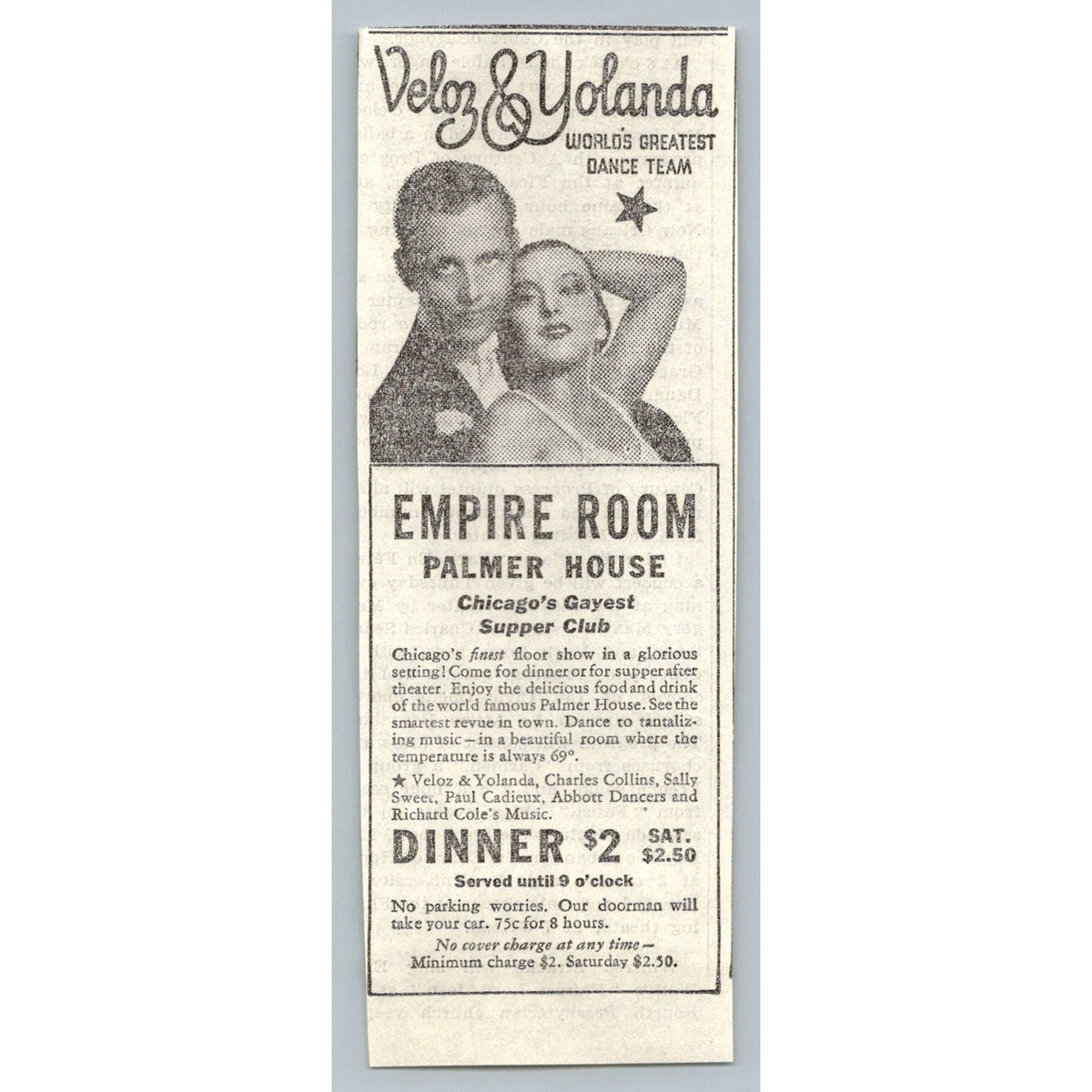 1933 Veloz & Yolanda Dance Team Chicago Palmer House Empire Room 1930s Ephemera