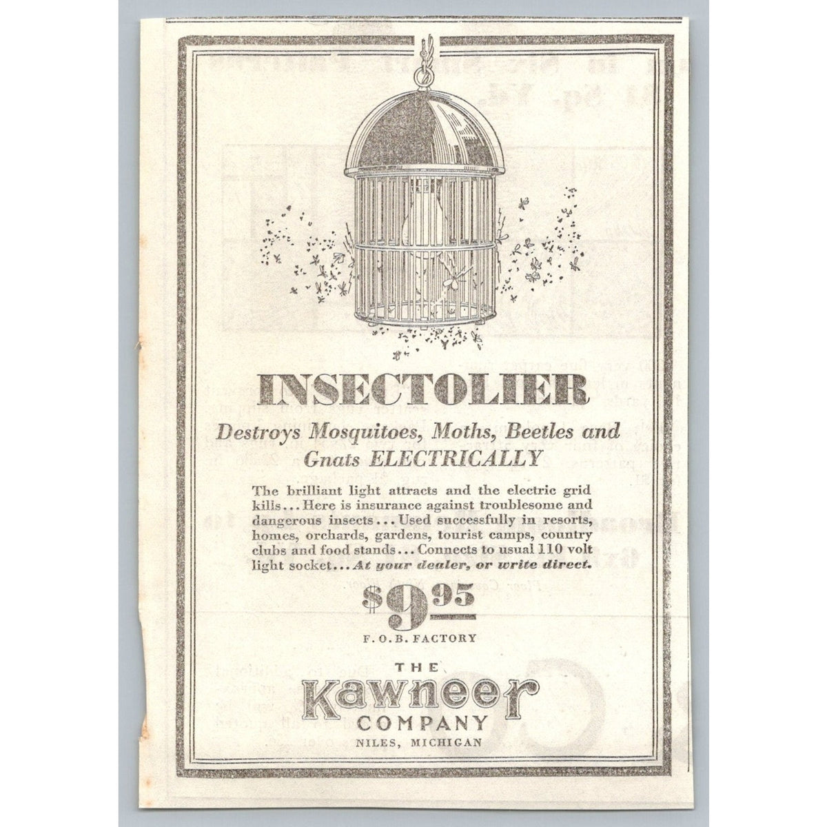 1933 Kawneer Insectolier Electric Bug Zapper Print AD Niles Michigan Ephemera