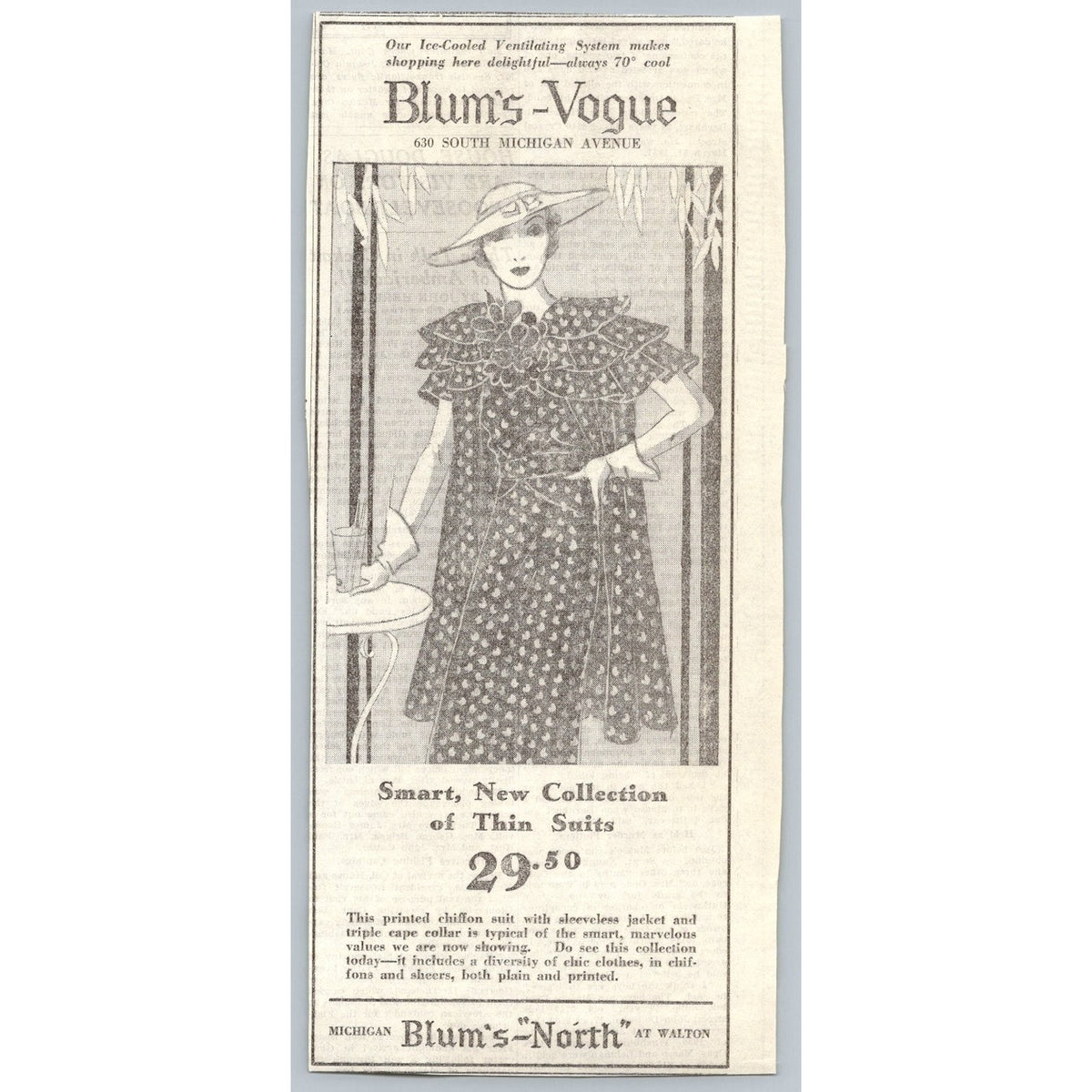 1930s Chicago Blum's Vogue Fashion Ad Vintage Newspaper Ephemera Thin Suit