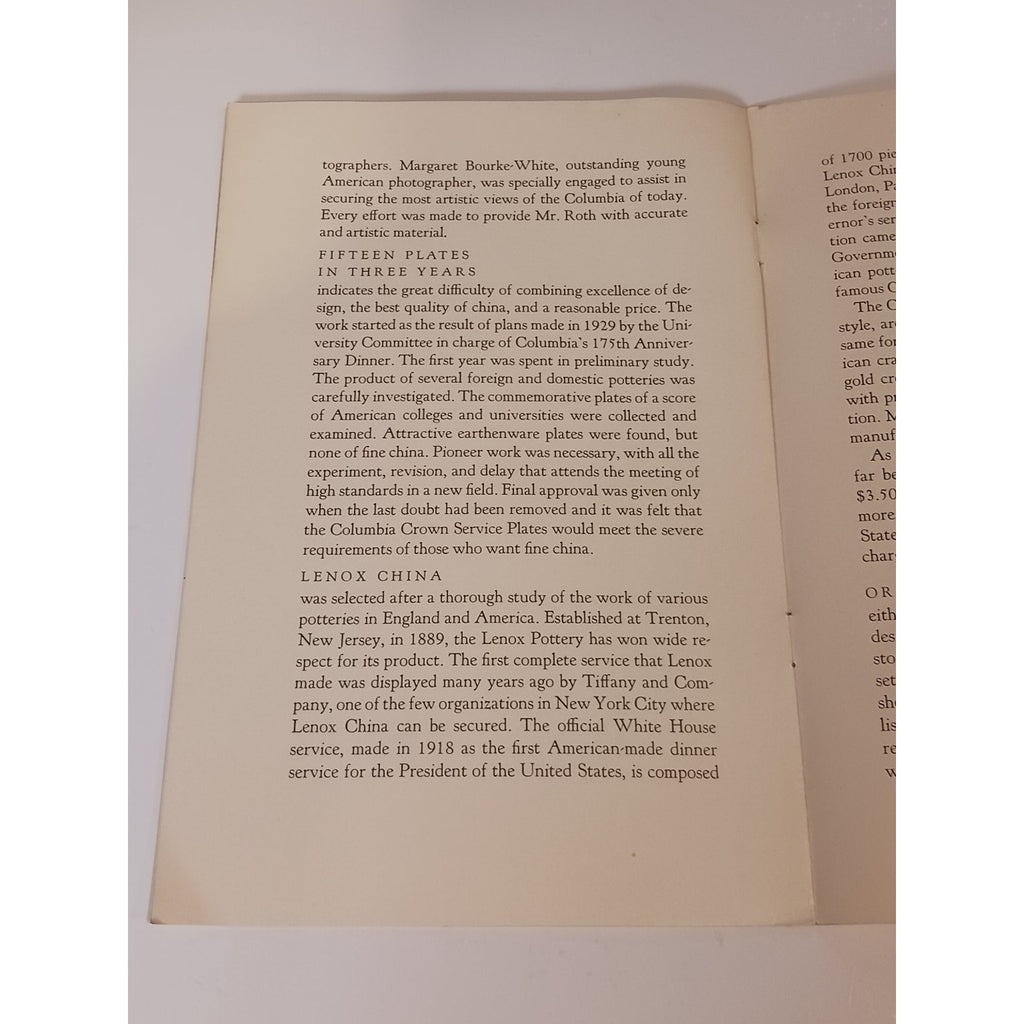 1930s Columbia University Crown Service Lenox China Plate Brochure Ephemera NYC