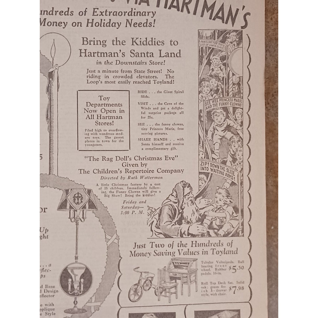 1931 Chicago Tribune Hartman's Christmas Ad Santa Land Toyland Furniture