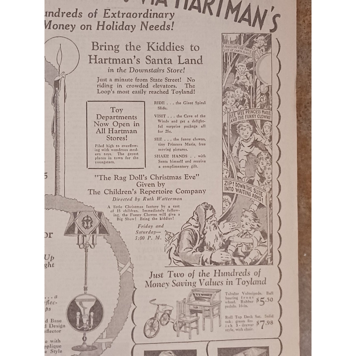 1931 Chicago Tribune Hartman's Christmas Ad Santa Land Toyland Furniture
