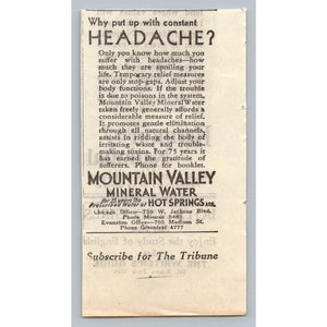 1930 Mountain Valley Mineral Water Ad Headache Relief Hot Springs Ark