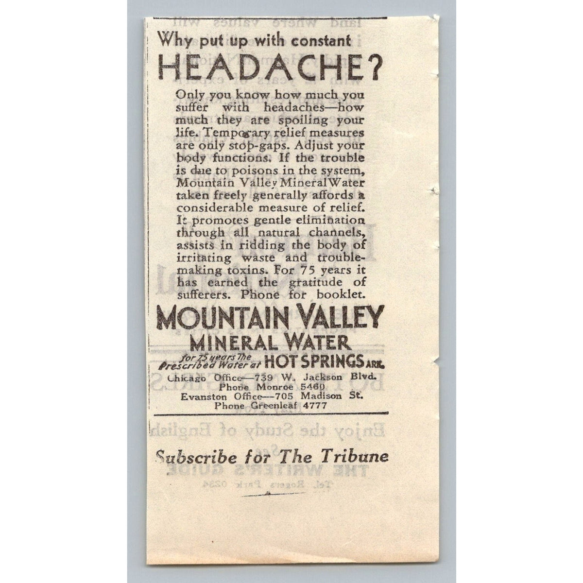 1930 Mountain Valley Mineral Water Ad Headache Relief Hot Springs Ark