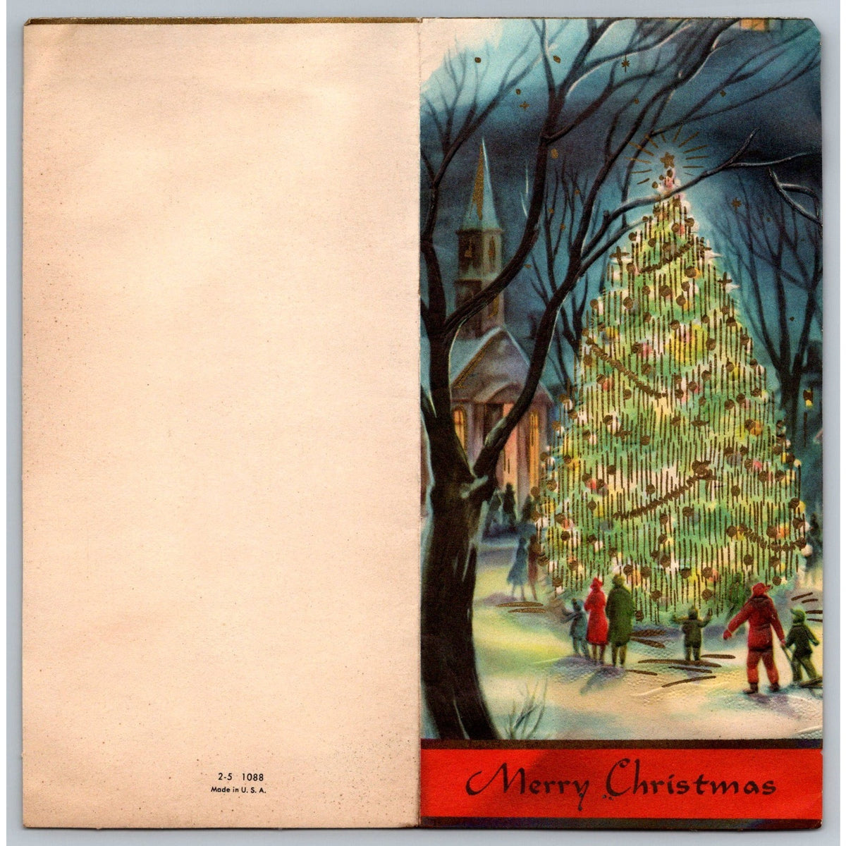 c1950s Embossed Town Christmas Tree People Church Scene Greeting Card MCM Vtg