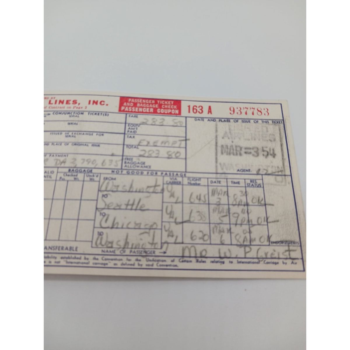 1954 United Air Lines Passenger Ticket Baggage Check Receipt Chicago Ephemera