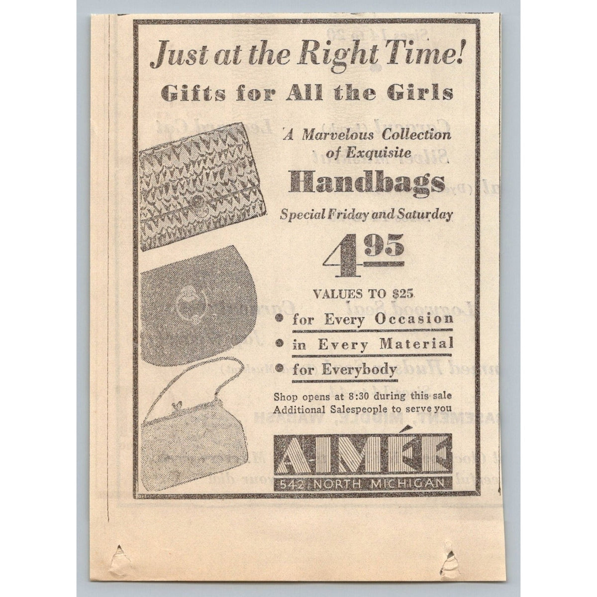 1931 Chicago Aimee Handbag Advertisement Vintage Fashion Ephemera