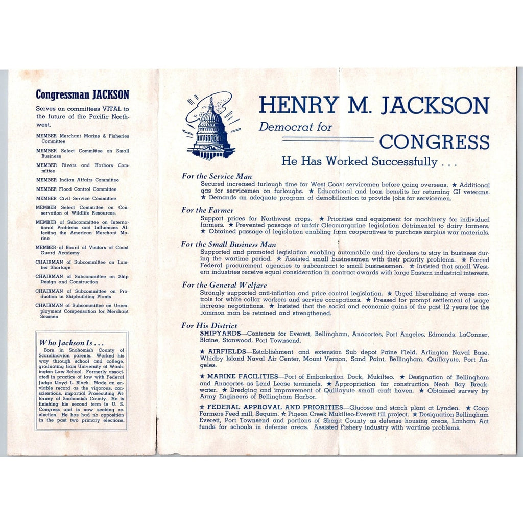 1944 Henry M Jackson Congress Campaign Brochure Washington State Democrat WWII
