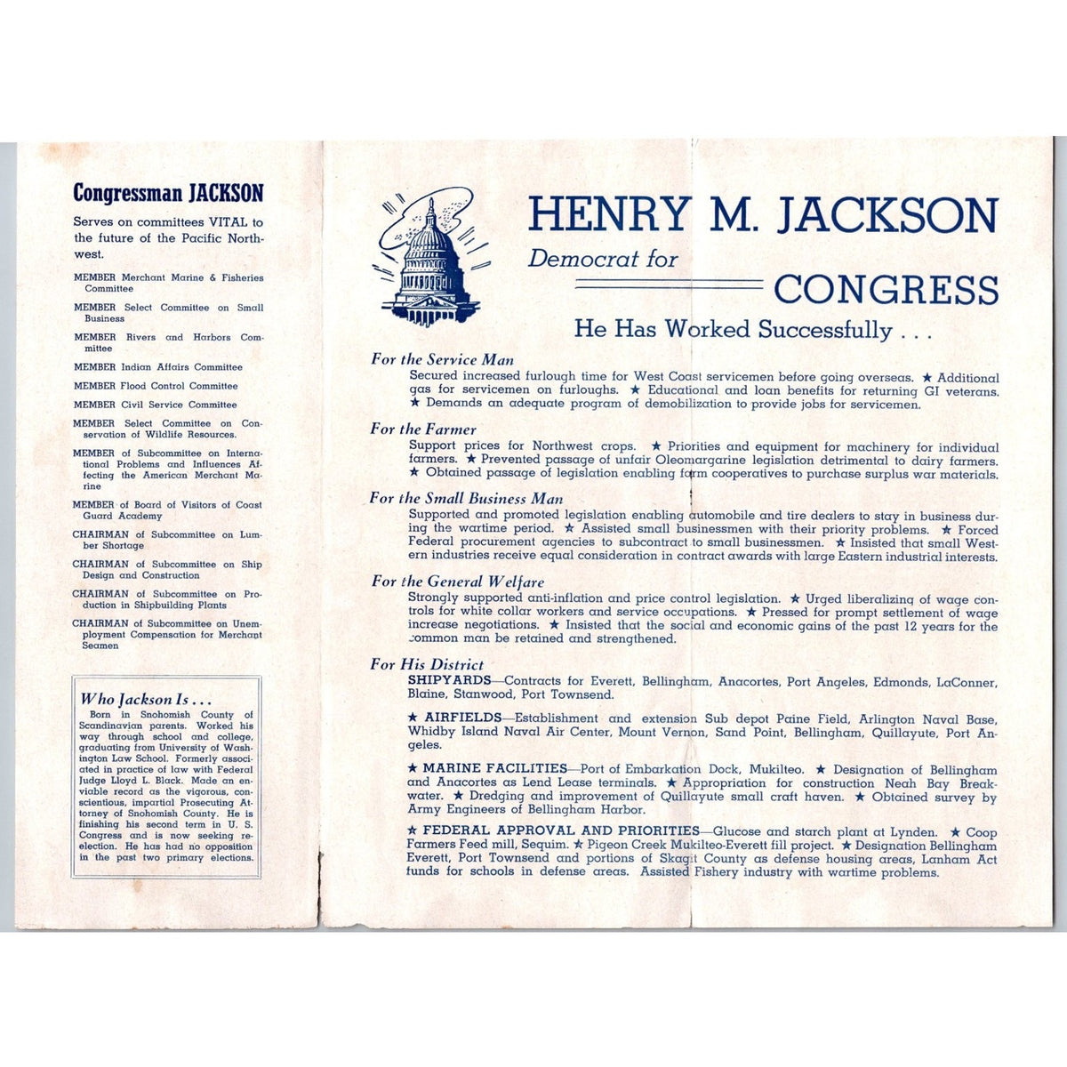 1944 Henry M Jackson Congress Campaign Brochure Washington State Democrat WWII