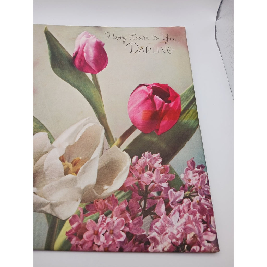 Vintage Paramount Happy Easter Floral Satin Padded Greeting Card Tulips Lilacs