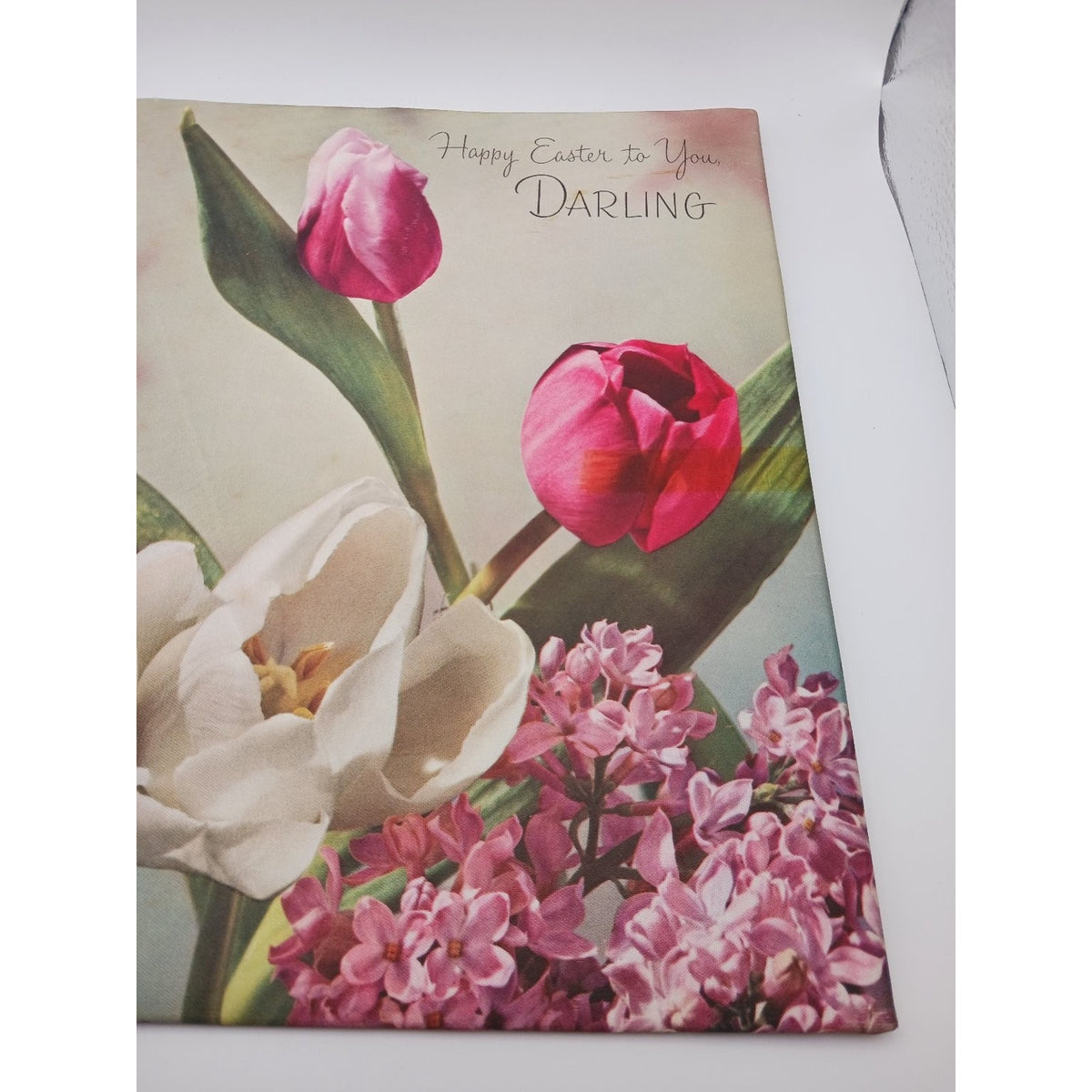Vintage Paramount Happy Easter Floral Satin Padded Greeting Card Tulips Lilacs
