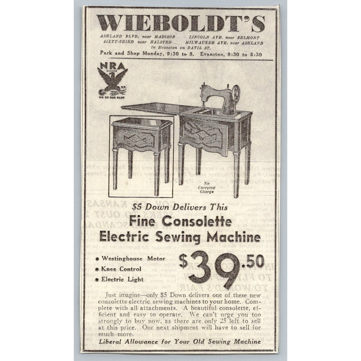 1930s Wieboldt's Chicago NRA Electric Sewing Machine Print Ad Consolette