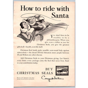 1947 Christmas Seals TB Tuberculosis Charity Santa Sleigh Vintage Print Ad