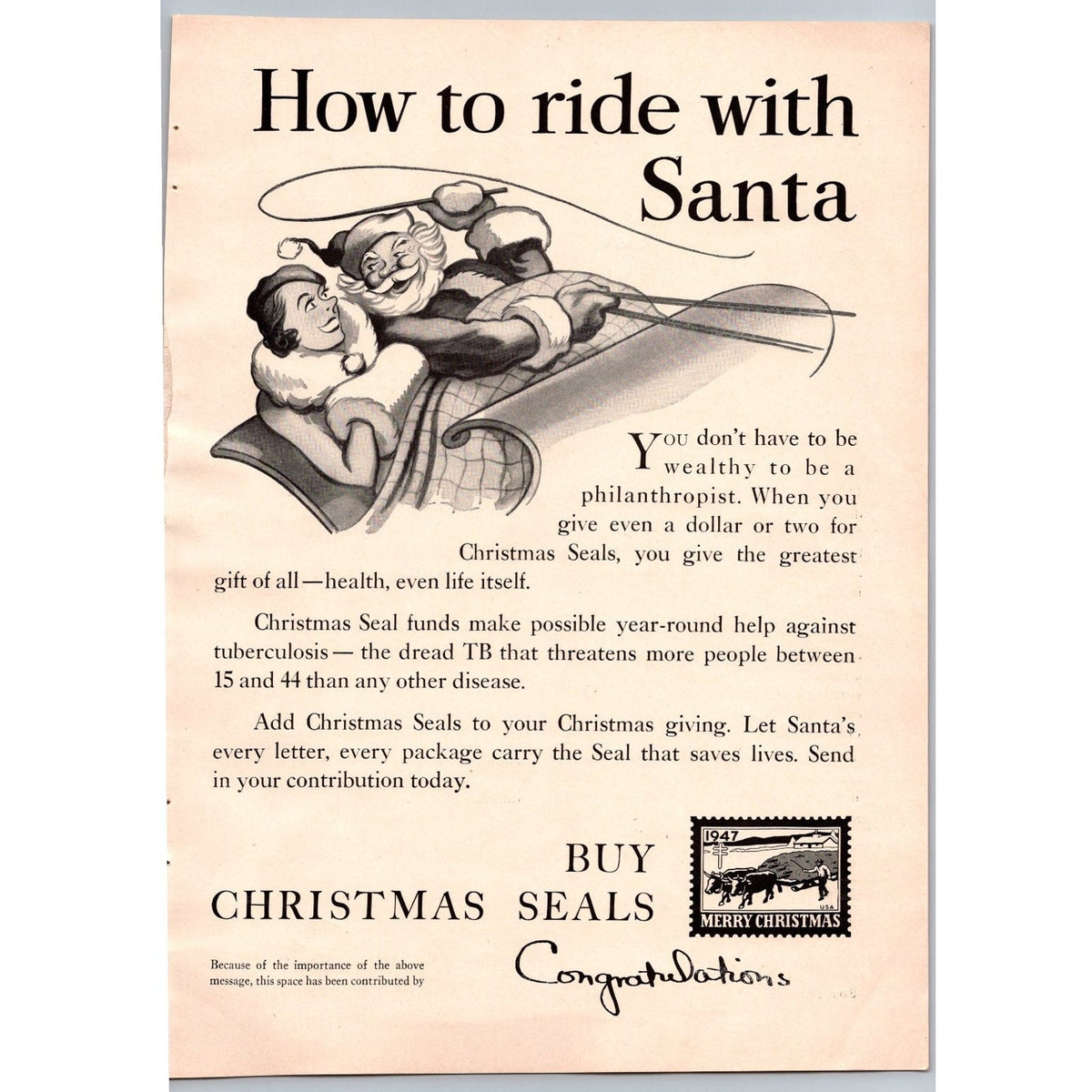 1947 Christmas Seals TB Tuberculosis Charity Santa Sleigh Vintage Print Ad
