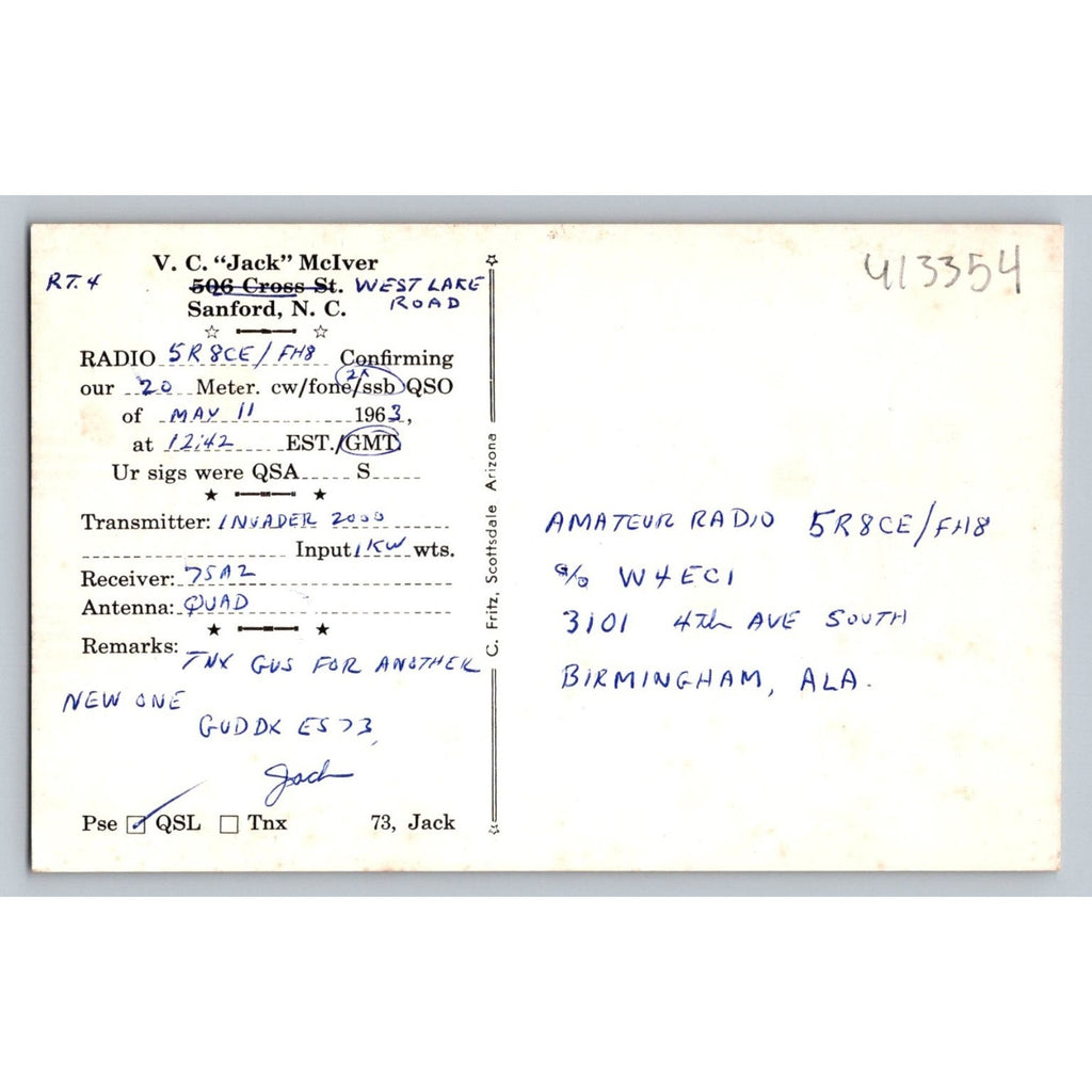 1963 Amateur Radio QSL Postcard W4NYN Sanford NC Ham Radio Call Sign