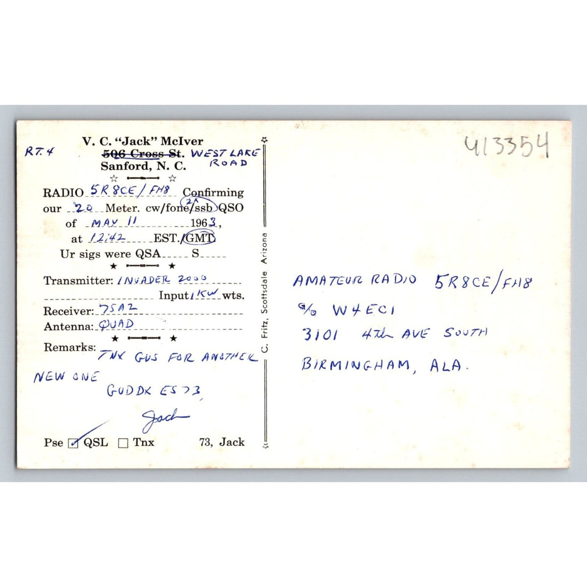 1963 Amateur Radio QSL Postcard W4NYN Sanford NC Ham Radio Call Sign