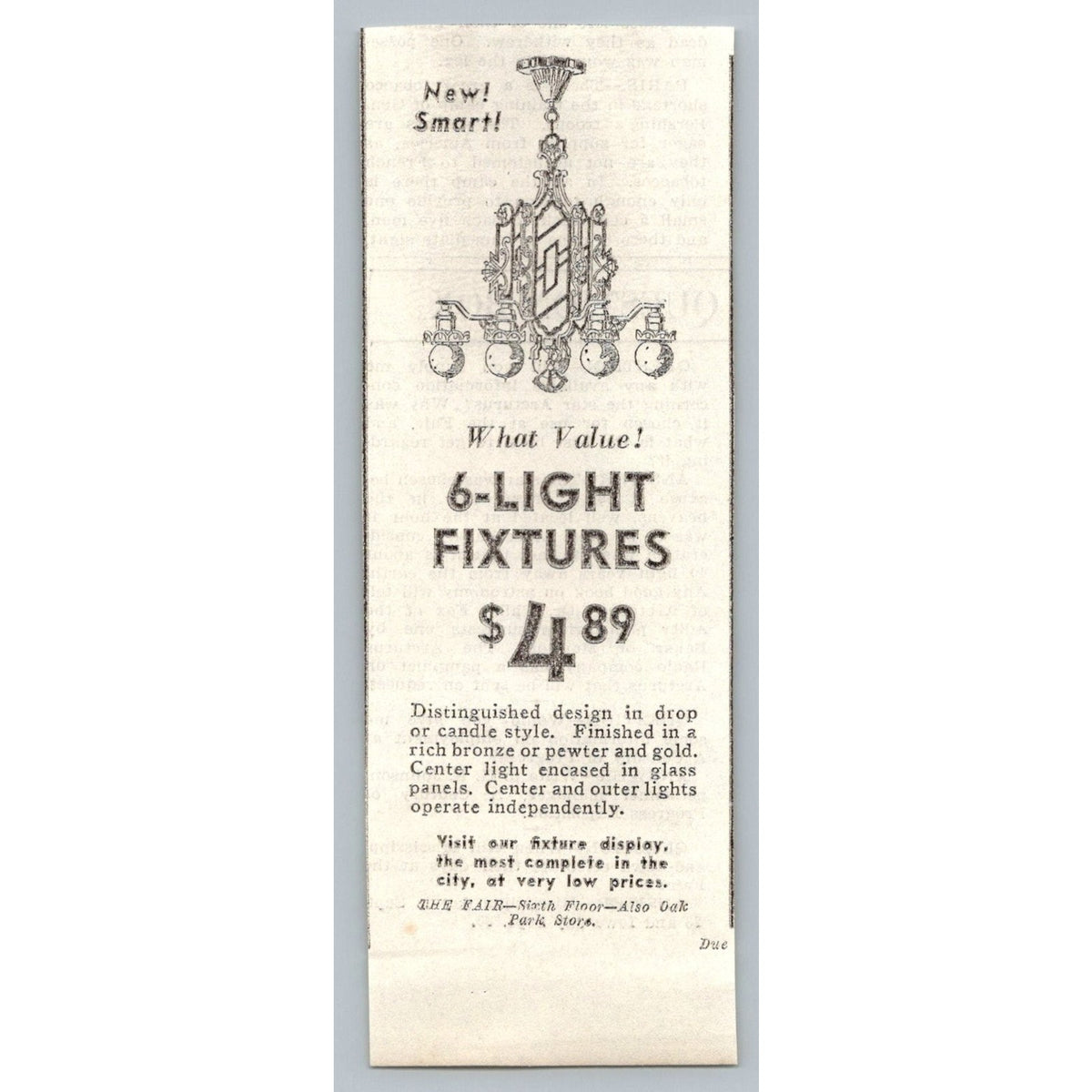 1933 The Fair Dept Store Chandelier Lighting Fixture Print Ad Chicago Ephemera