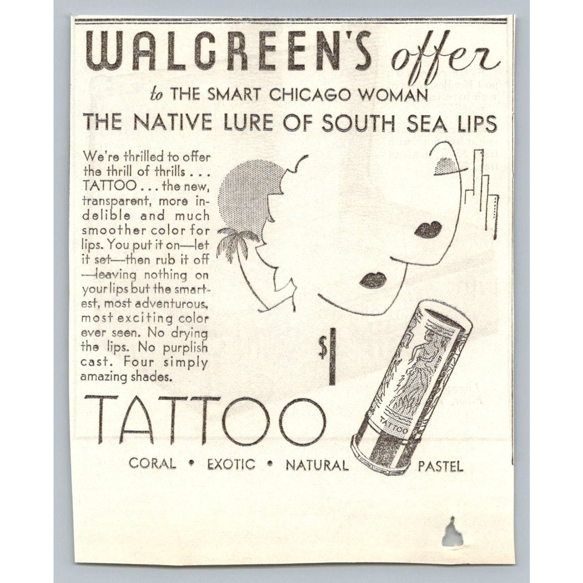 Walgreens Chicago 1933 Tattoo Lipstick Print Ad South Sea Lips Ephemera Art Deco