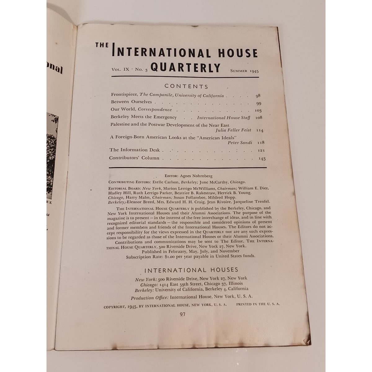 1945 International House Quarterly Magazine Palestine Postwar Berkeley NY