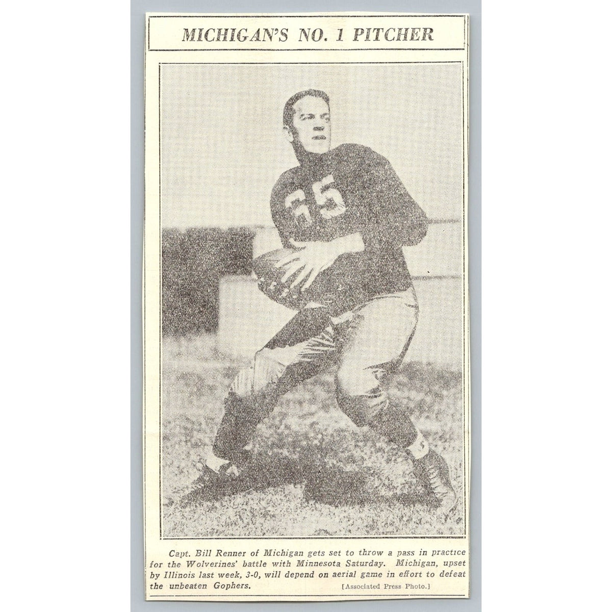1935 Bill Renner Michigan Wolverines Football Newspaper Clipping AP Photo