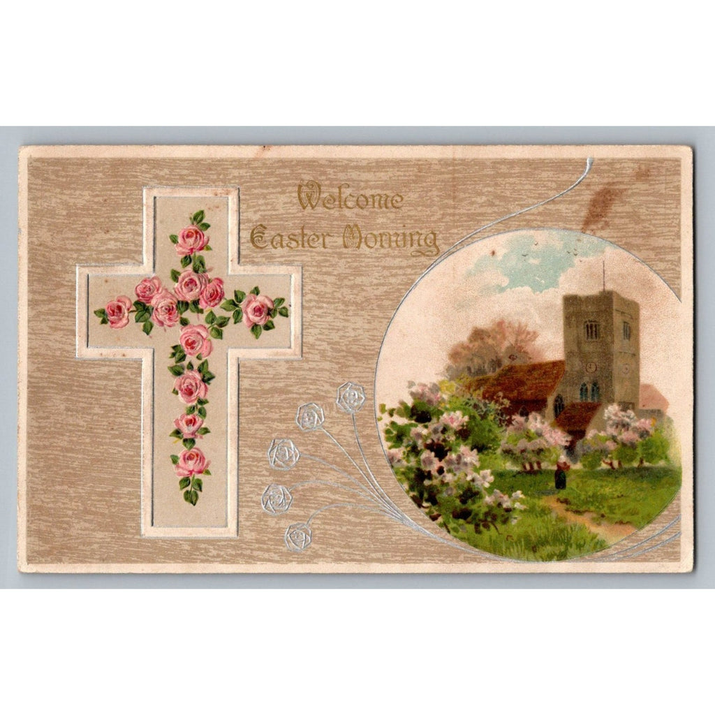 Vintage Easter Postcard Embossed Roses Church Welcome Morning Germany