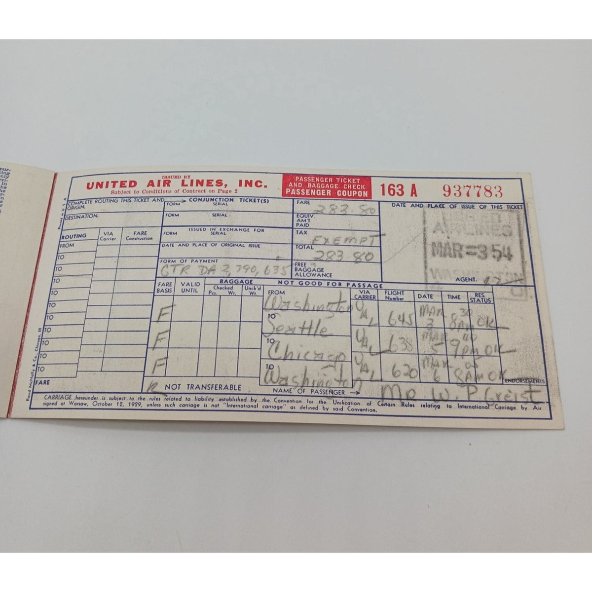 1954 United Air Lines Passenger Ticket Baggage Check Receipt Chicago Ephemera