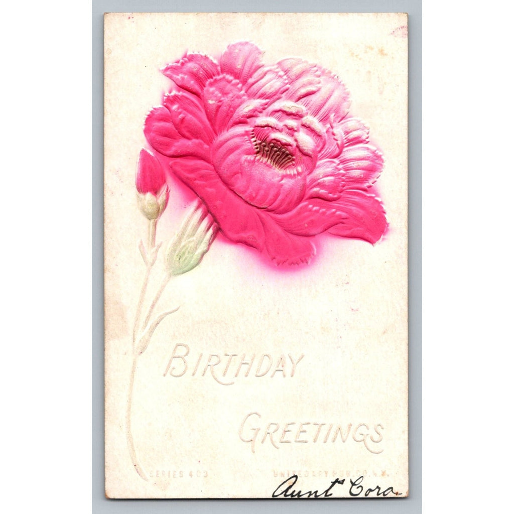 1907 Embossed Pink Flower Birthday Greetings Postcard Gettysburg PA Air Brushed