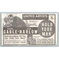 1933 Clark Gable Jean Harlow Hold Your Man Movie Ad Chicago Newspaper Ephemera
