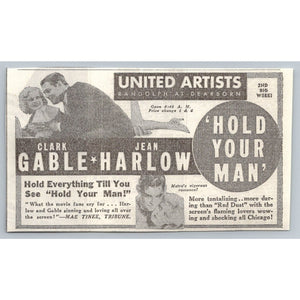 1933 Clark Gable Jean Harlow Hold Your Man Movie Ad Chicago Newspaper Ephemera