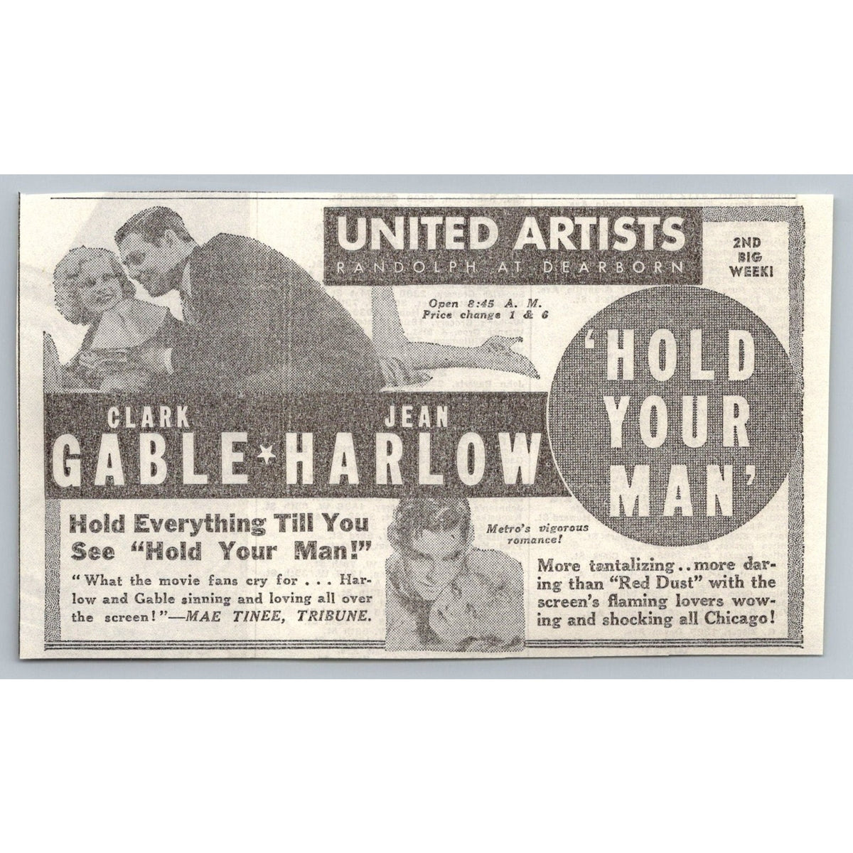 1933 Clark Gable Jean Harlow Hold Your Man Movie Ad Chicago Newspaper Ephemera