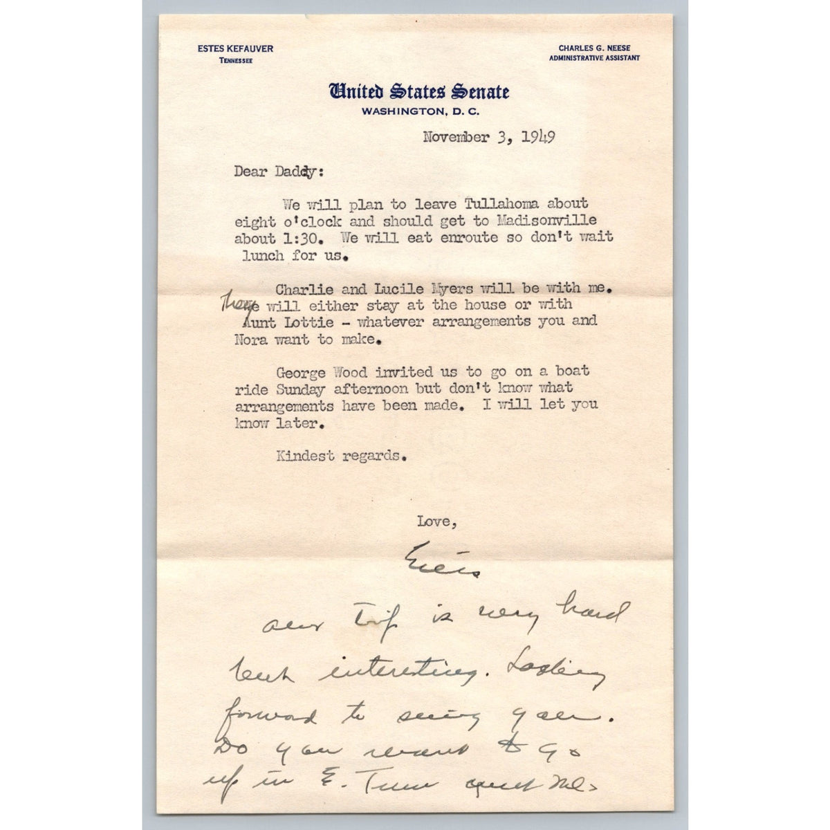 1949 Signed Estes Kefauver Senate Letterhead Personal Letter To Dad Handwritten