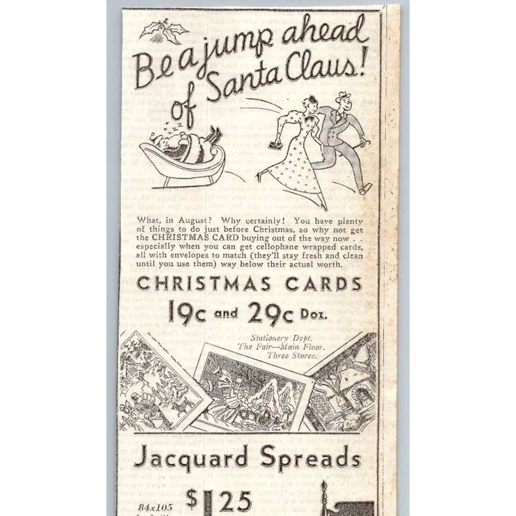 1933 The Fair Christmas Cards & Silk Shantung Sleeping Santa Claus Ad Ephemera