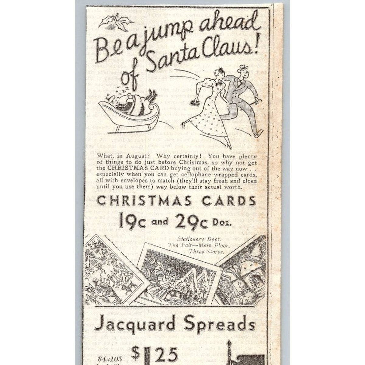 1933 The Fair Christmas Cards & Silk Shantung Sleeping Santa Claus Ad Ephemera