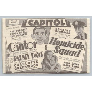 1931 Capitol Theater Chicago Movie Ad Eddie Cantor Palmy Days Homicide Squad