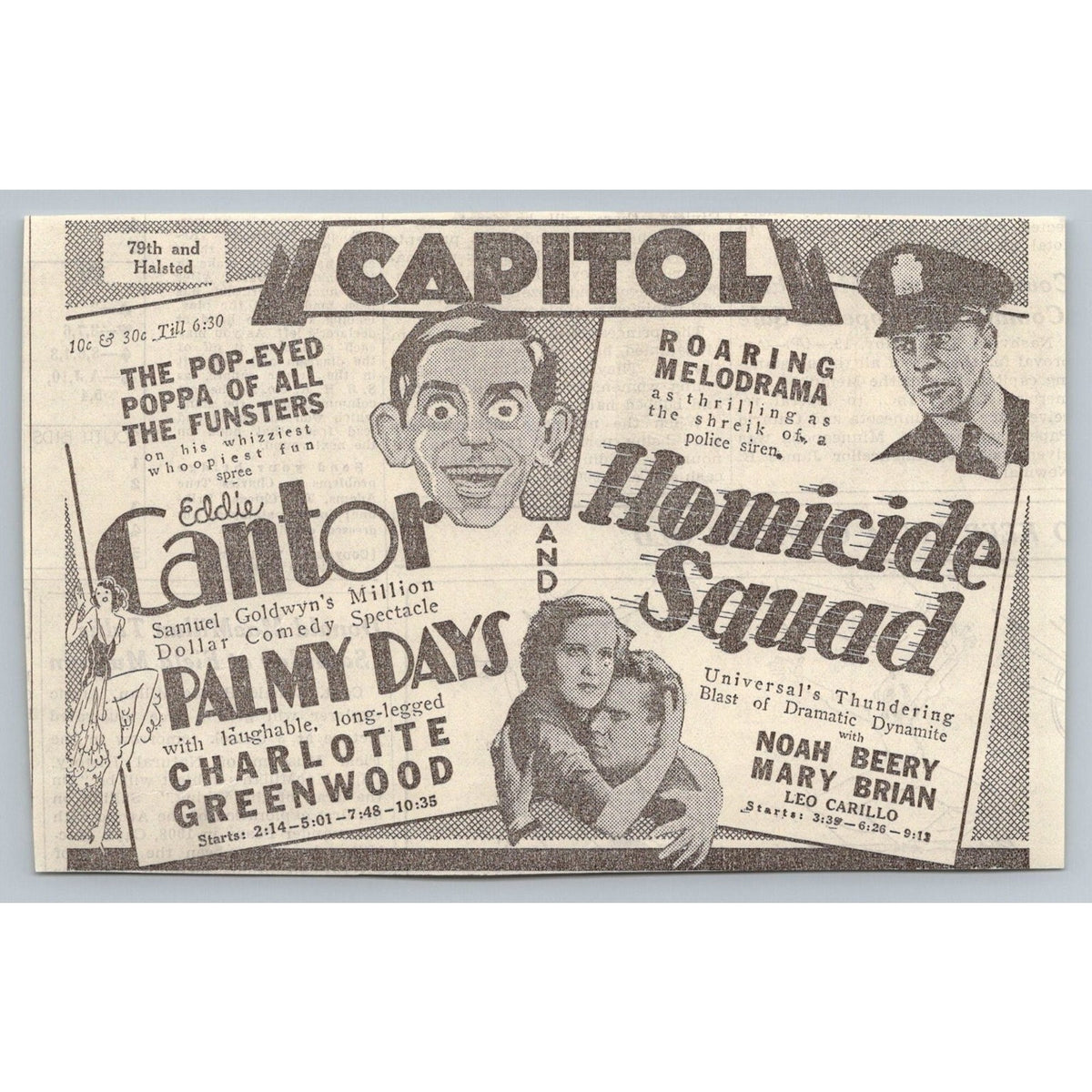1931 Capitol Theater Chicago Movie Ad Eddie Cantor Palmy Days Homicide Squad