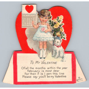 Vtg Valentine's Day Card Die Cut Flapper Girl Cat February Calendar R 6003 USA