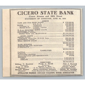 1931 Cicero State Bank Statement of Condition Great Depression Era Illinois Ad