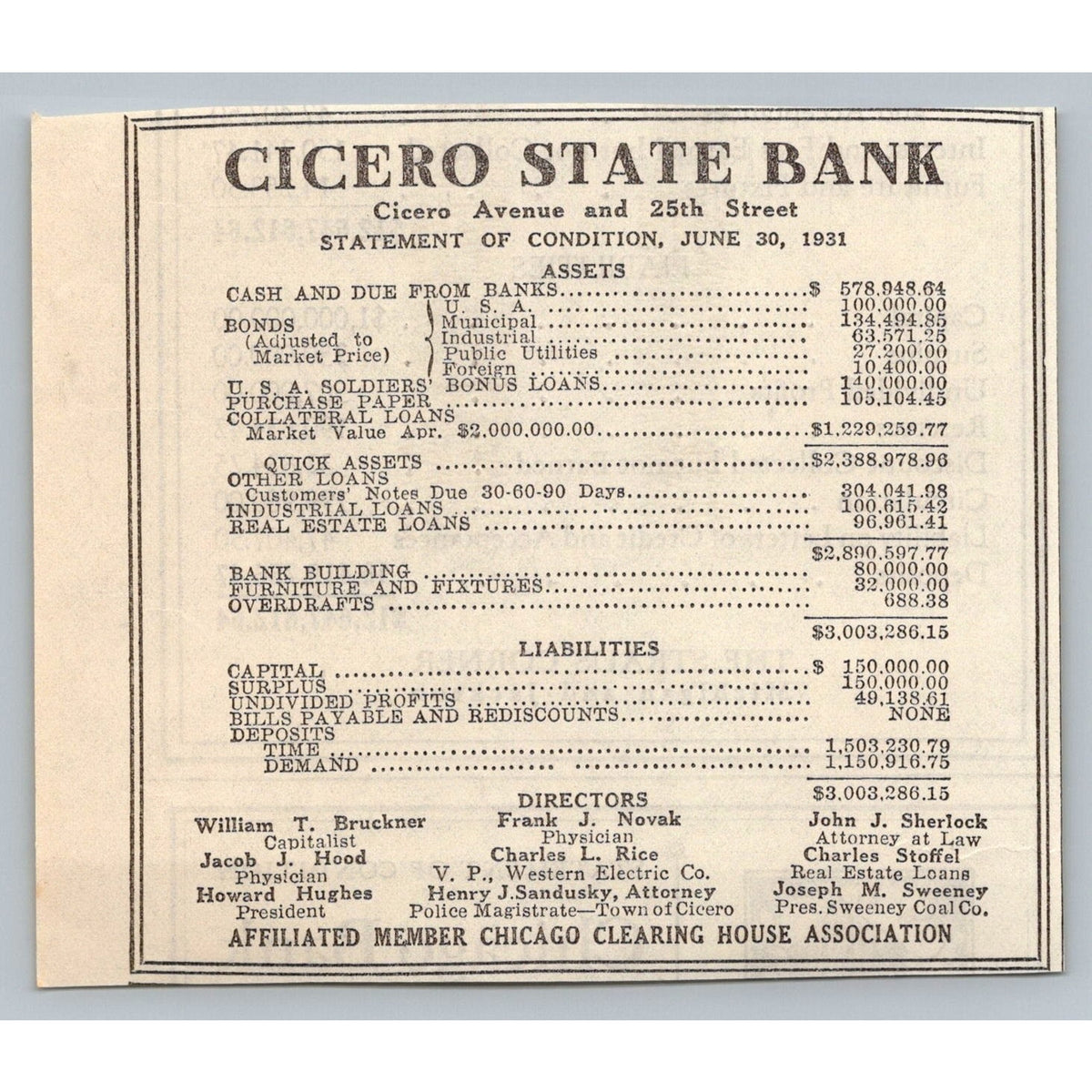 1931 Cicero State Bank Statement of Condition Great Depression Era Illinois Ad