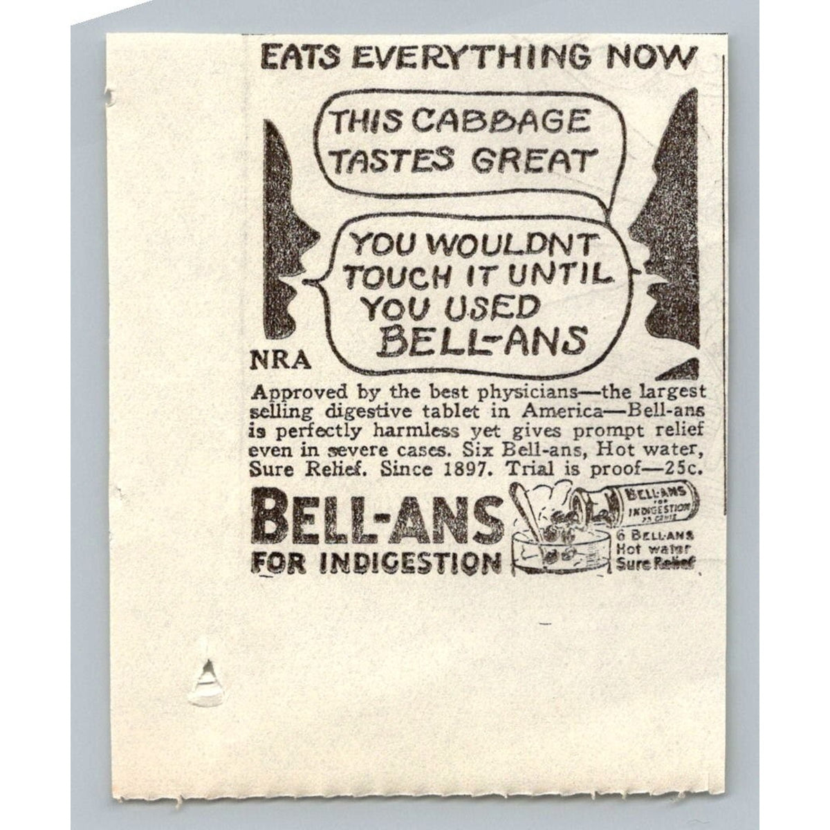 1930s Bell-Ans Indigestion Relief Ad NRA New Deal Era Vintage Ephemera