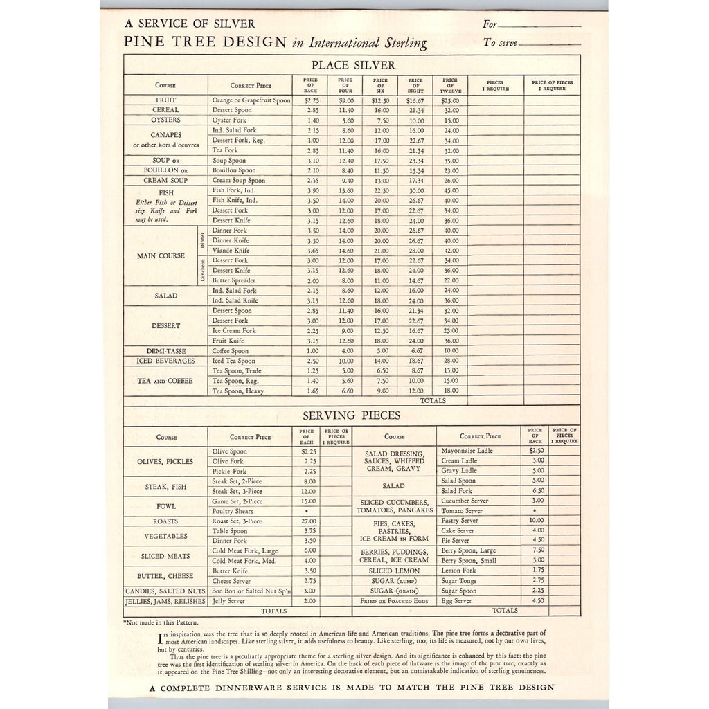 1930s International Sterling Pine Tree Silverware Print Ad Price List Ephemera